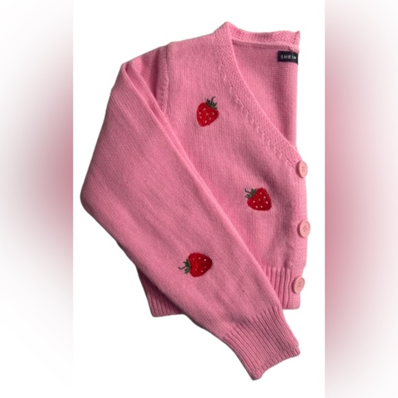 Size Small, Pink Cropped Strawberry Cardigan Sweater - Picture 6 of 7